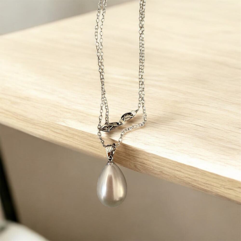 925 stamp silver color  Teardrop Pearl Pendant 1/2" Drop 18” necklace - Picture 3 of 4